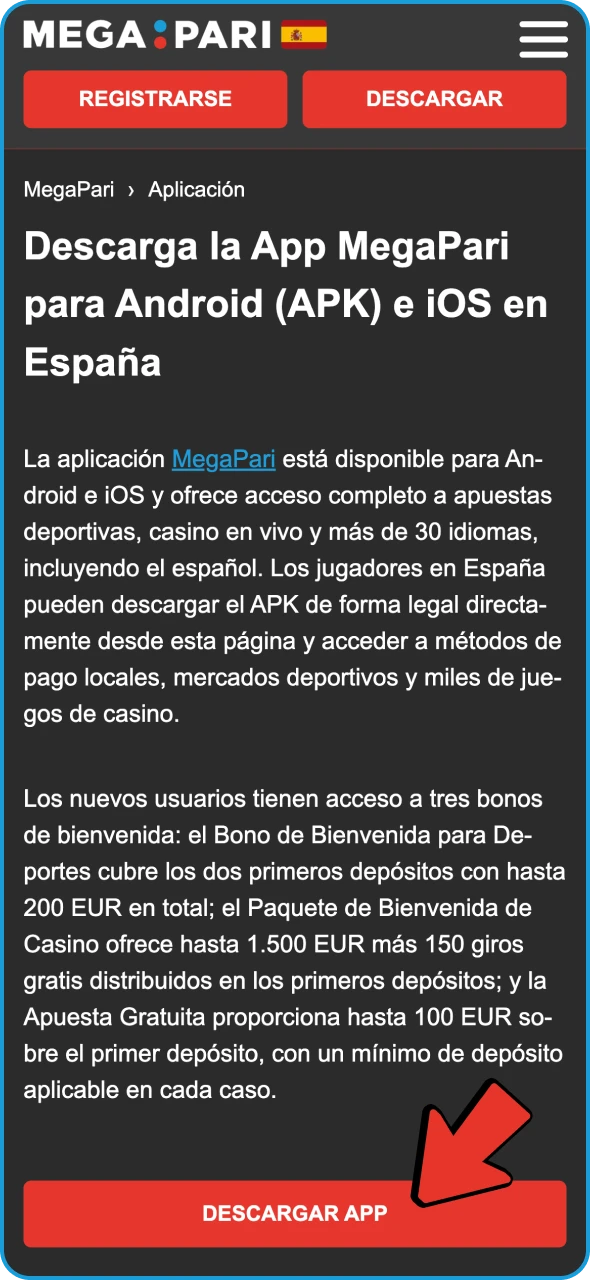 Localiza el botón de descarga para Android en la página de Megapari.