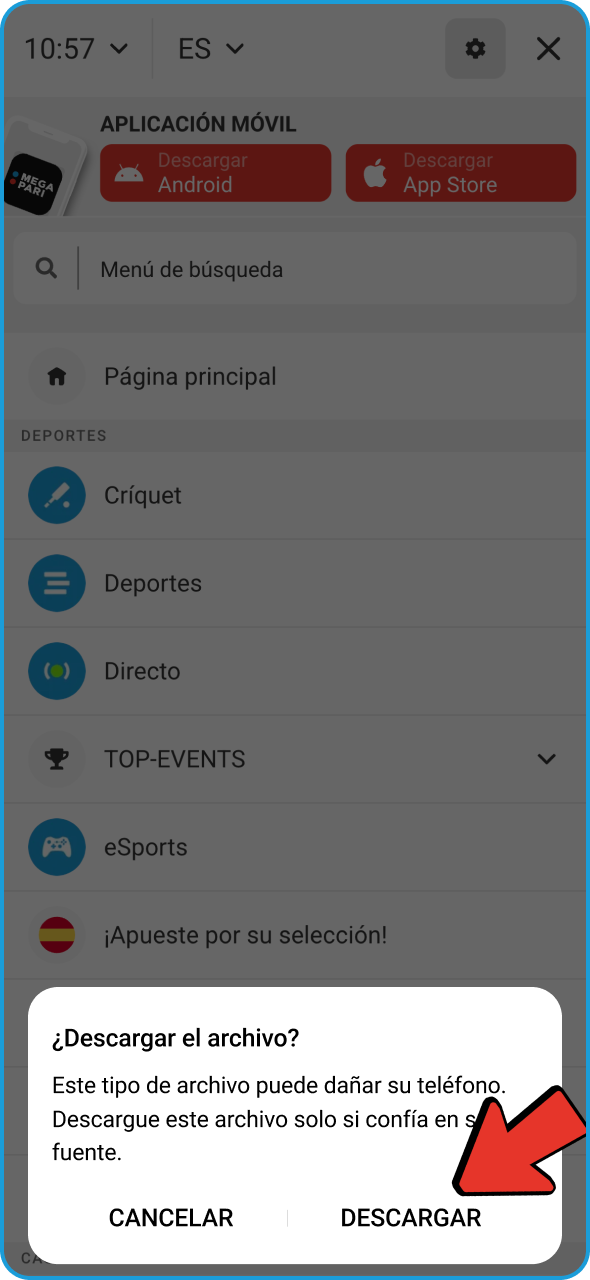 Pulsa el botón para confirmar el proceso de descarga de la aplicación Megapari.
