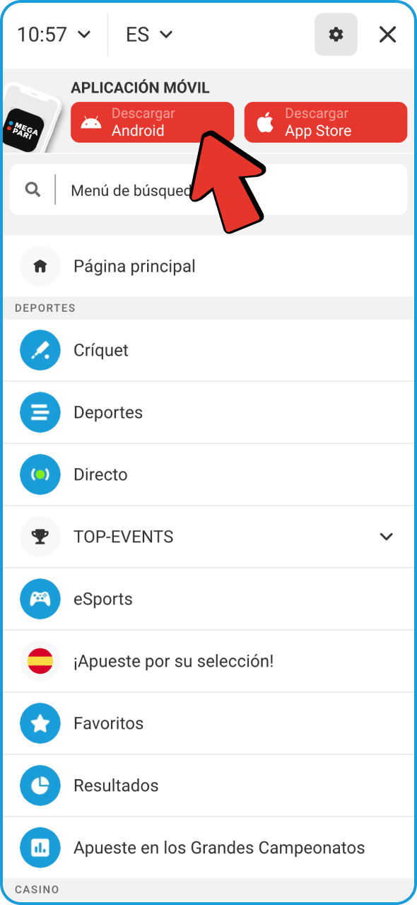 Haz clic en el botón para iniciar el proceso de descarga del APK de Megapari.