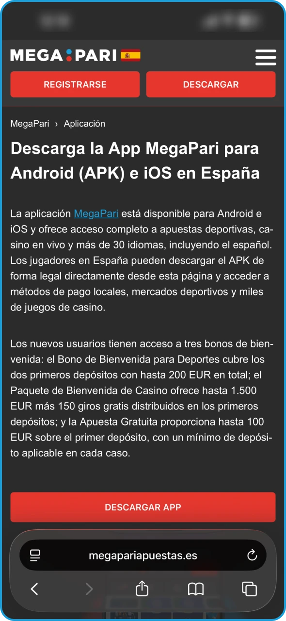 Accede a la página de Megapari utilizando el navegador Safari en tu dispositivo iOS.