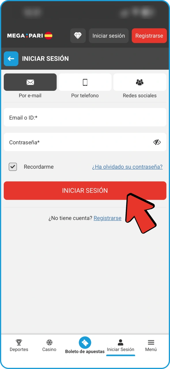 Abre la PWA de Megapari e inicia sesión con tus credenciales actuales.