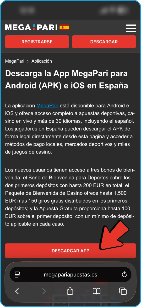 Haz clic en el botón Descargar para iOS en la página de Megapari.