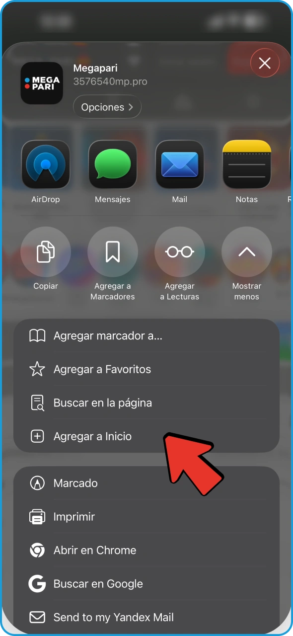 Toca el icono de compartir en la barra inferior de la página de Megapari.