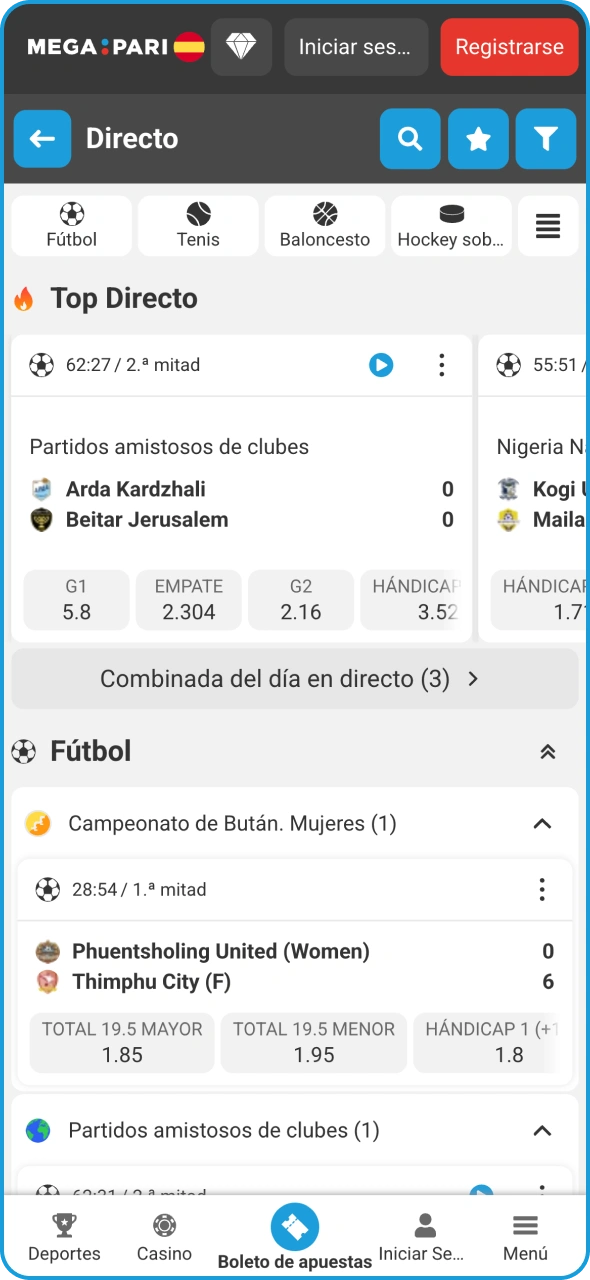 En la aplicación de Megapari, puedes realizar apuestas al instante en la sección de apuestas en vivo.
