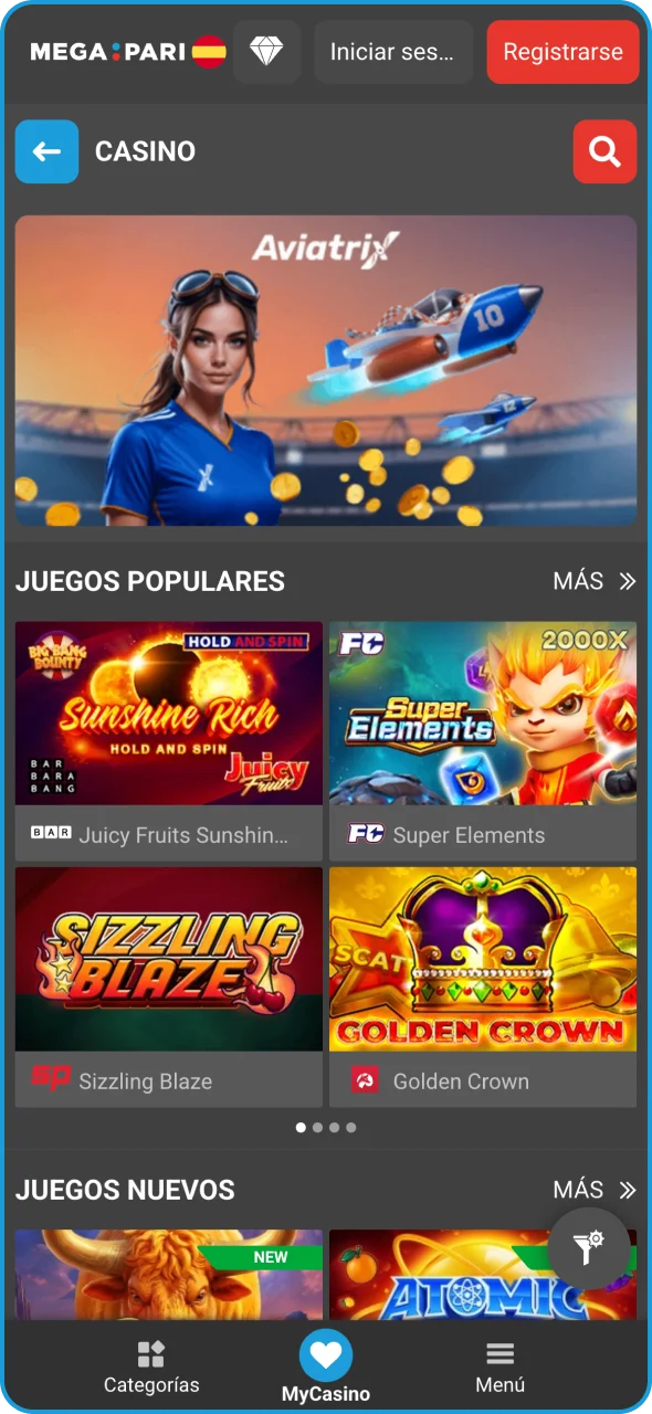 Empieza a jugar juegos de casino en línea en la aplicación de Megapari.