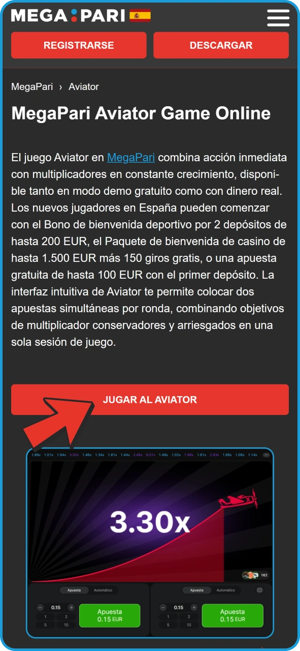 Pulsa este botón para empezar a jugar a Aviator en MegaPari.
