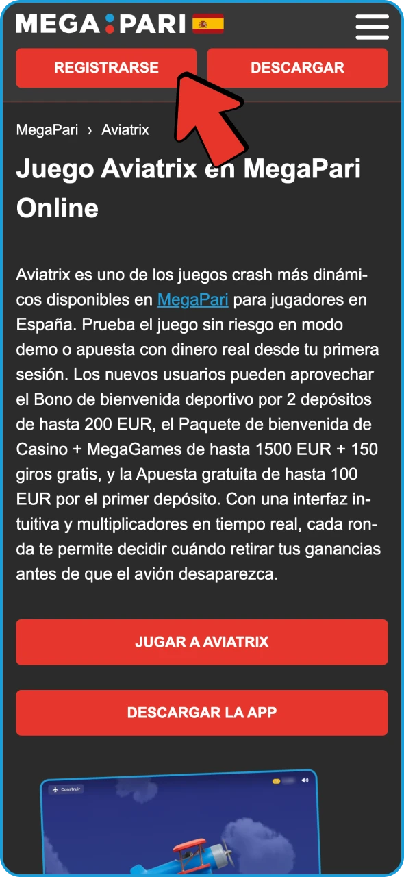 Haz clic en el botón para abrir el formulario de registro de Aviatrix Megapari.