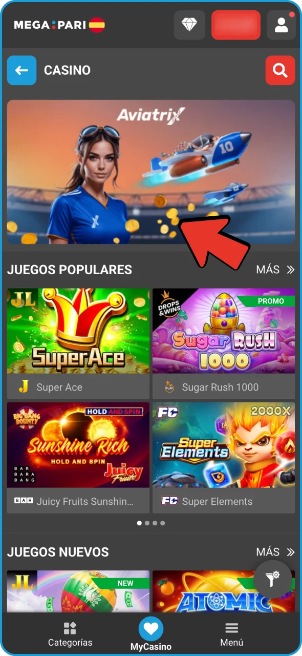 Ve a la sección de juegos de choque de Megapari y busca Aviatrix.
