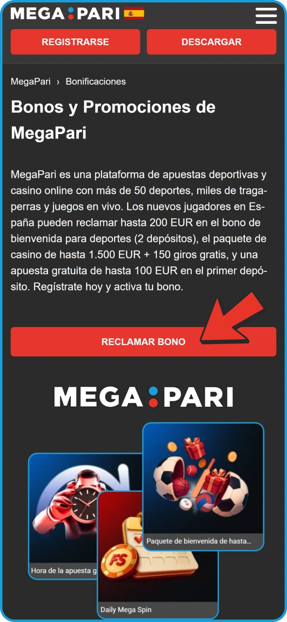 Pulsa este botón para reclamar el bono de bienvenida de MegaPari.
