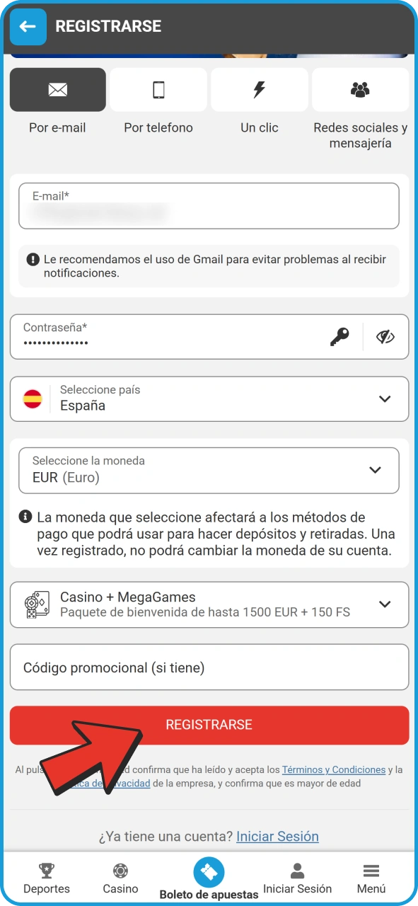 Completa tu registro para reclamar el bono de MegaPari.