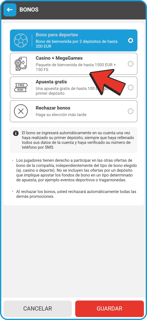 Selecciona uno de los bonos de bienvenida de MegaPari disponibles.