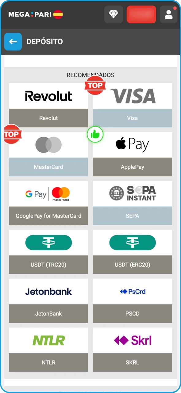 Elige el método de depósito que prefieras en Megapari.