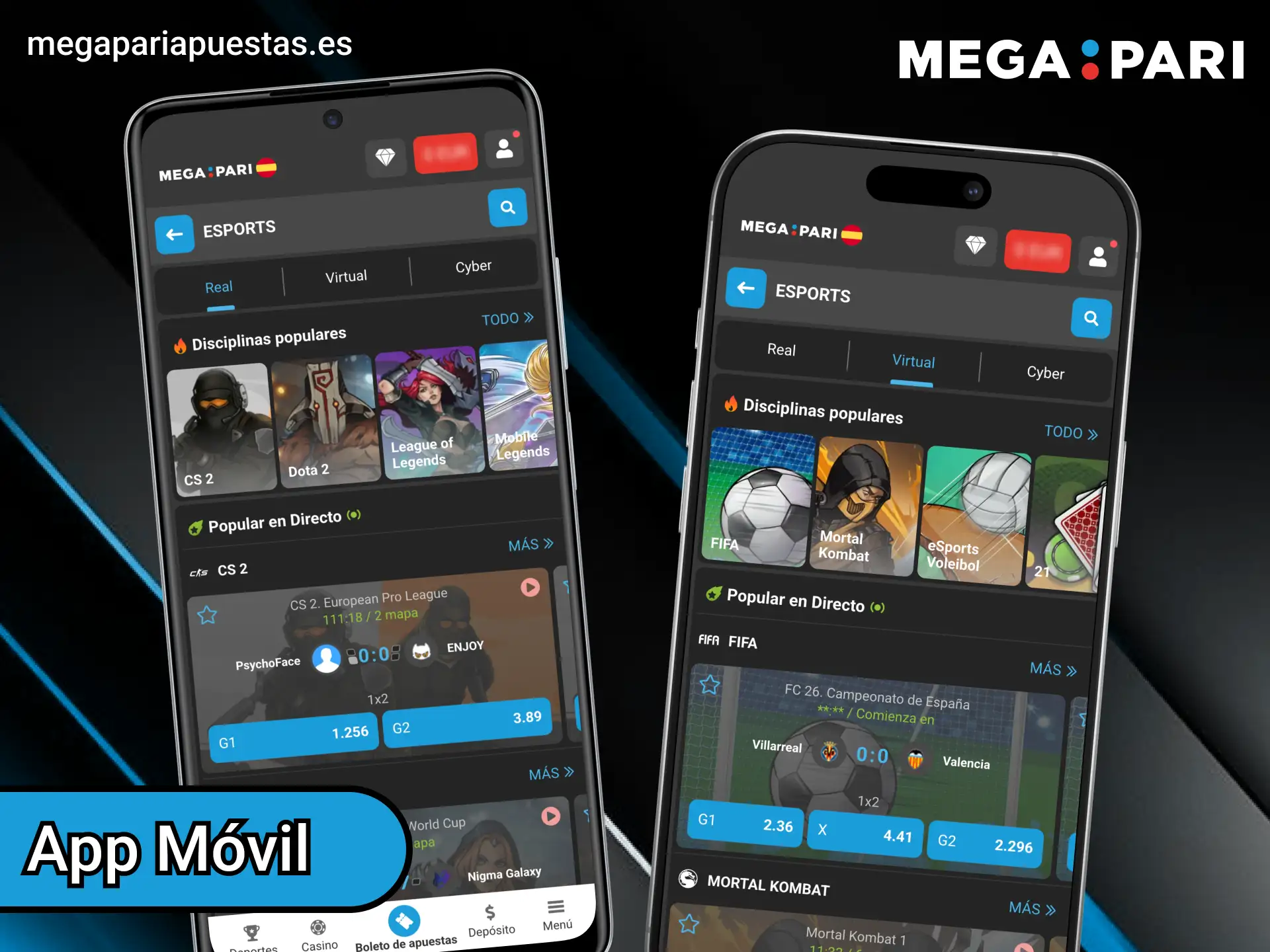 Prueba todas las funciones de la plataforma Megapari eSports en la aplicación oficial.