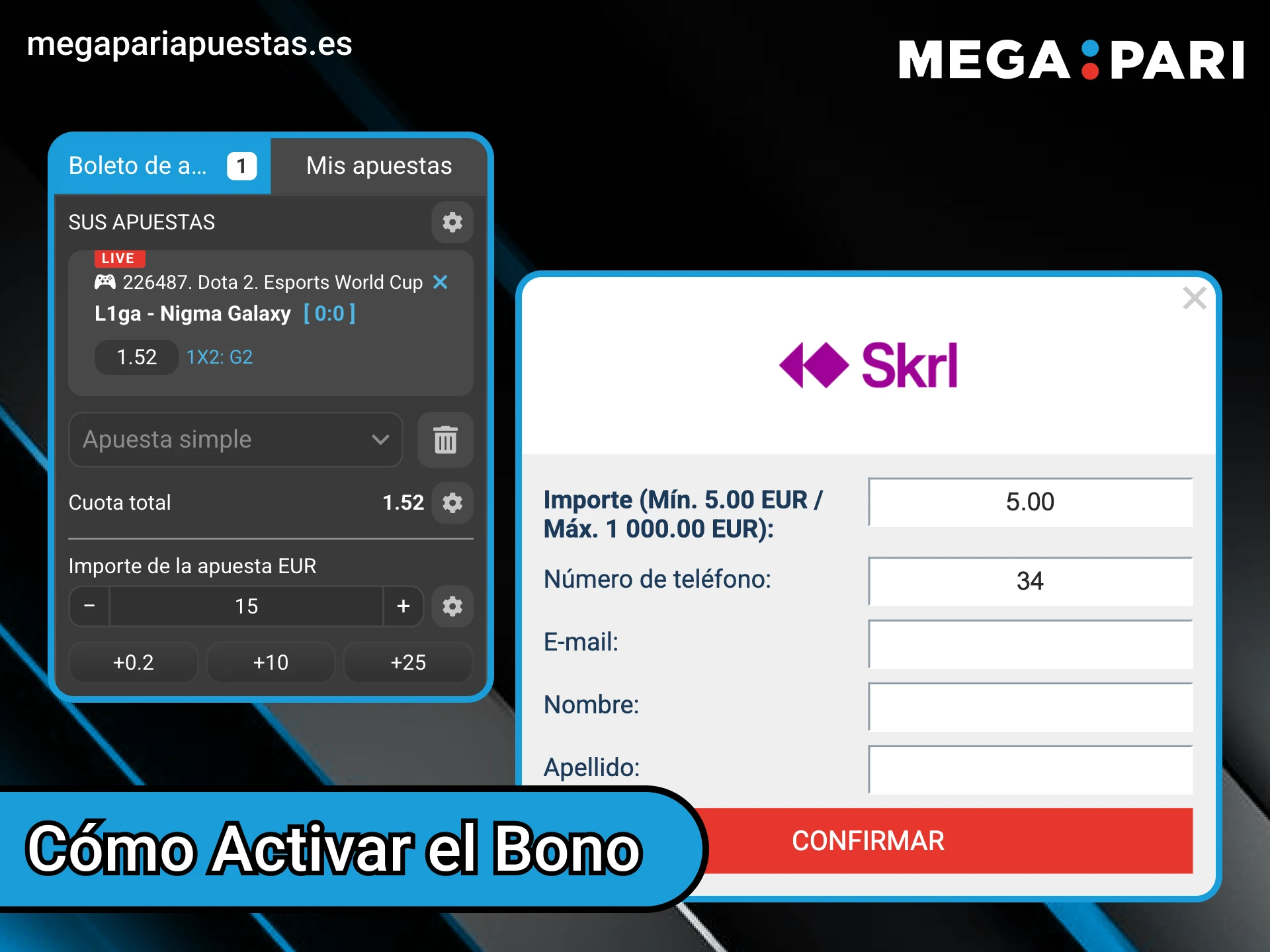 Sigue la guía para activar tu bono Megapari para eSports.