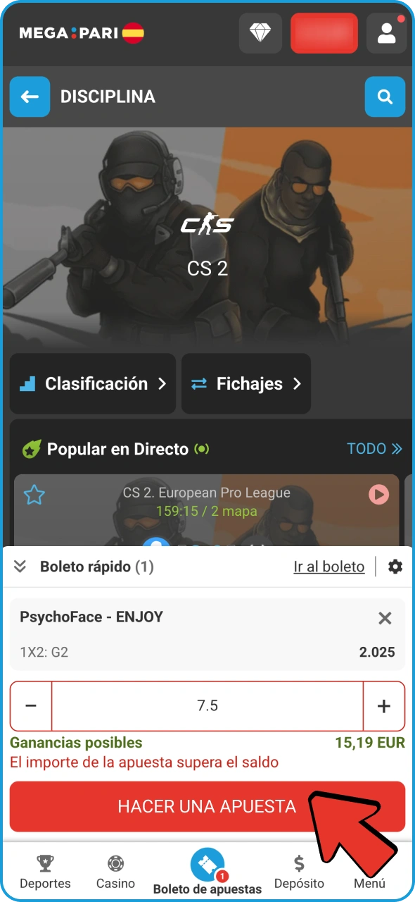 Introduce el importe de la apuesta y confírmalo en Megapari eSports.