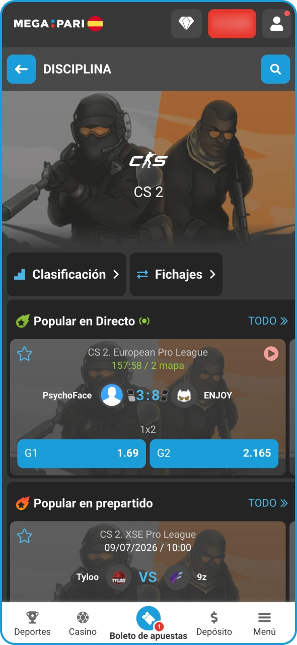 Dirígete a la sección de eSports en la plataforma de apuestas Megapari.