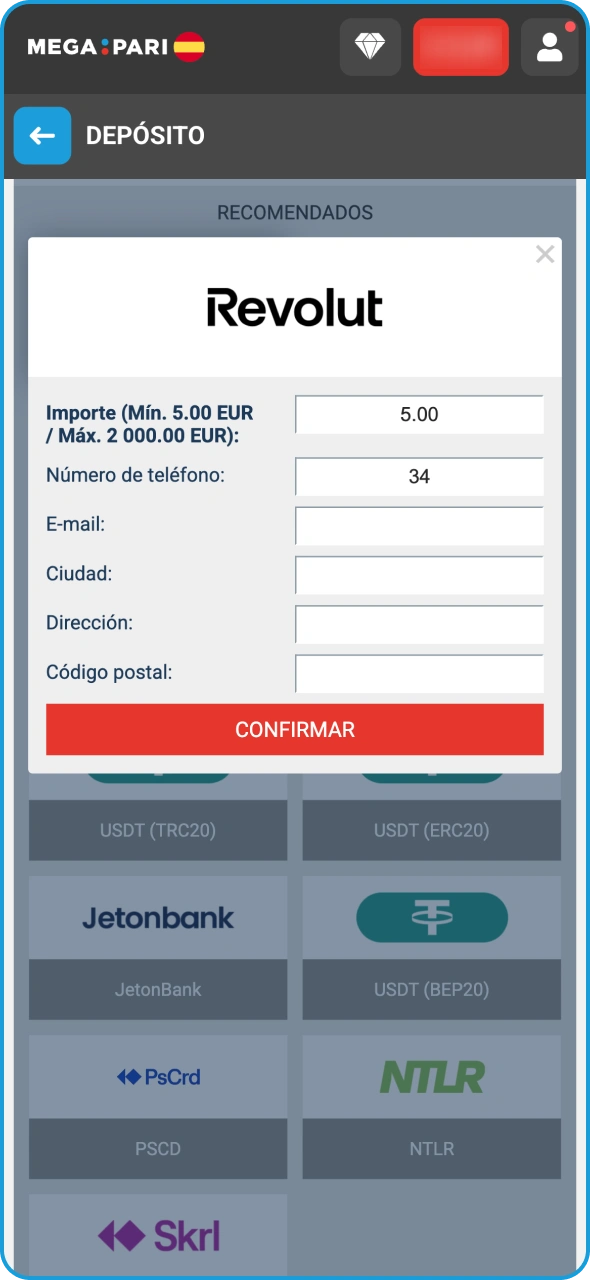 Realice su primer depósito en la sección de caja de Megapari.