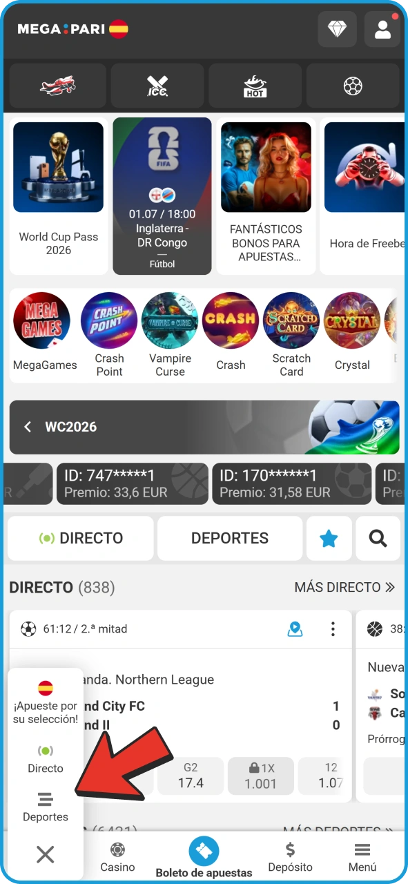 Abre la sección de Deportes en MegaPari para empezar a apostar.