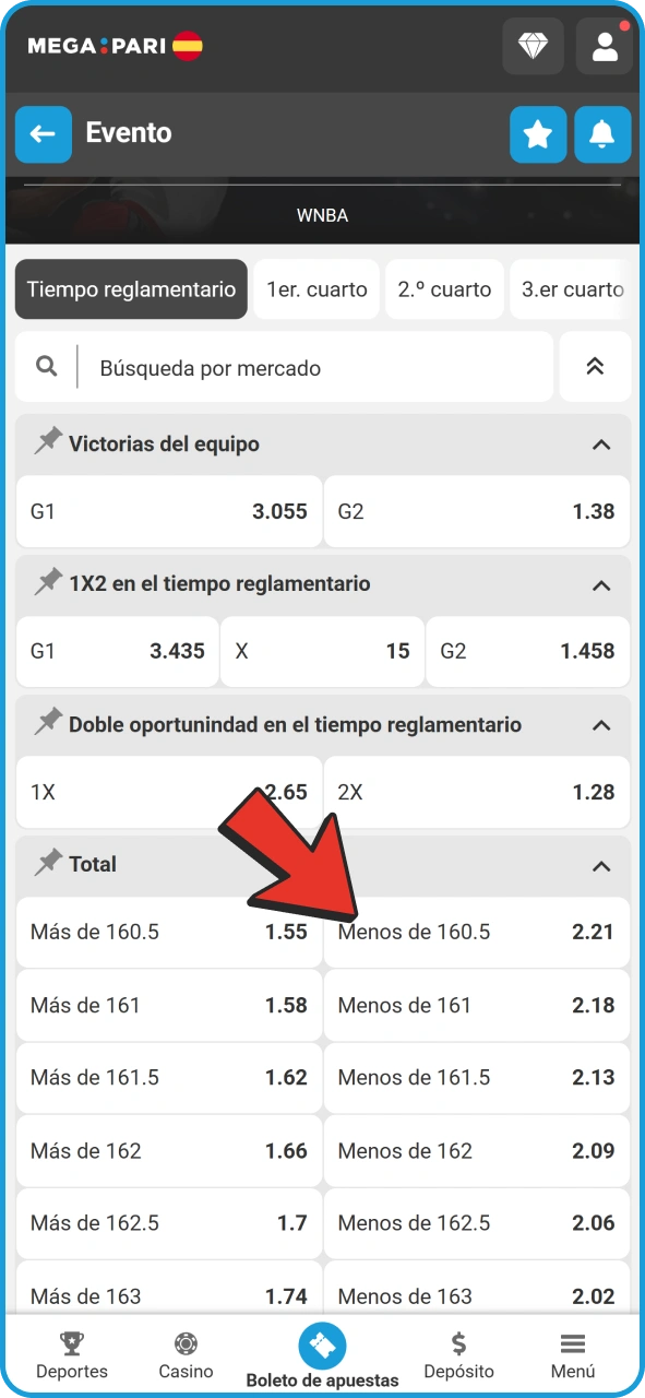 Haz clic en el mercado para realizar tu apuesta en MegaPari Sports.