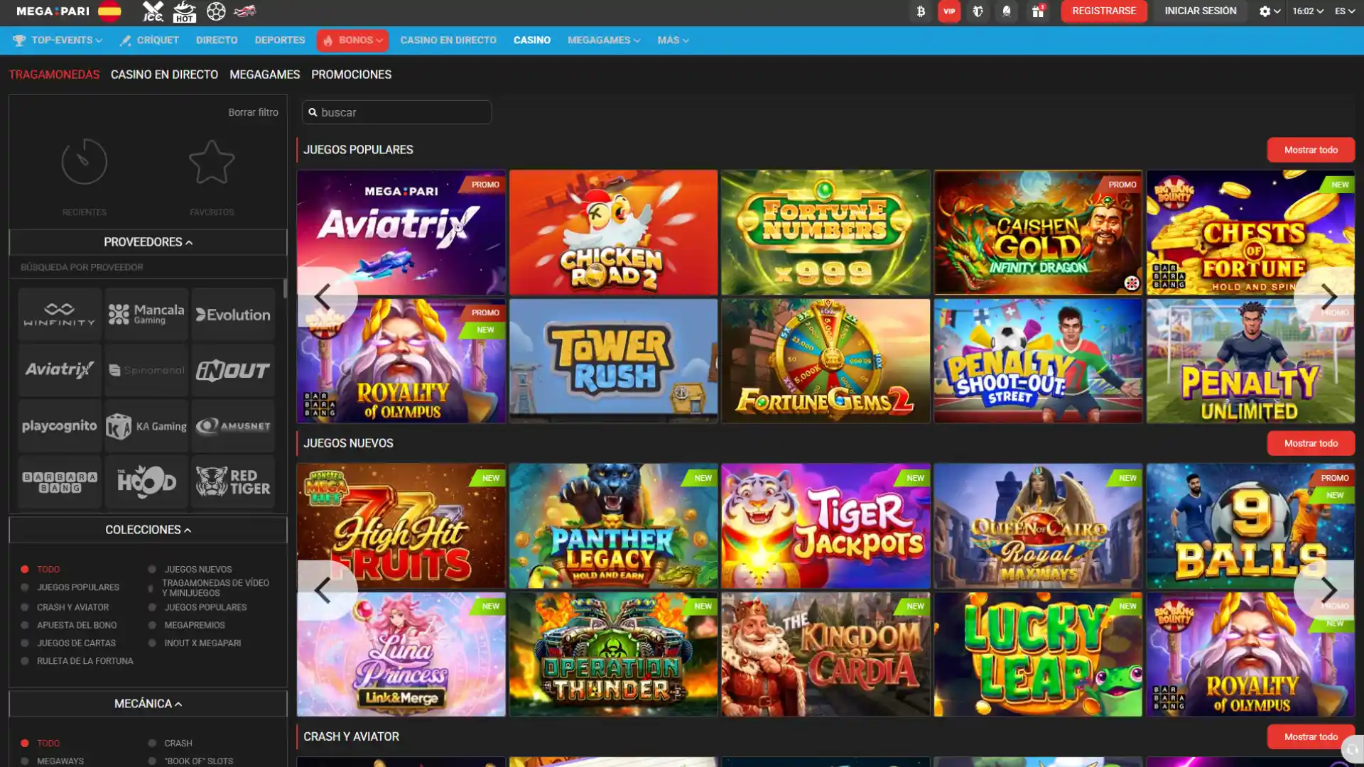 Prueba muchos juegos de casino en la sección de casino de MegaPari.