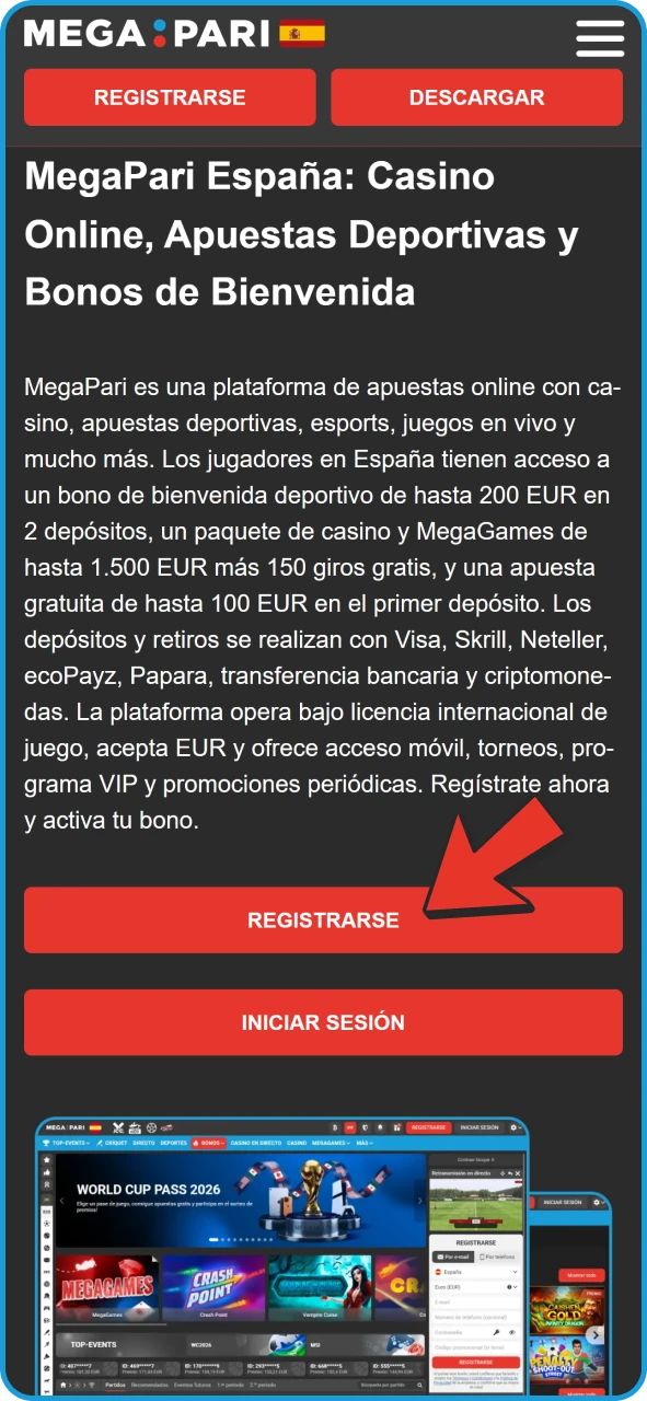 Haz clic en este botón para abrir el formulario de registro de MegaPari.