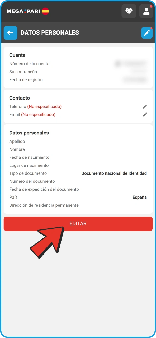Completa tu perfil en tu cuenta registrada de MegaPari.