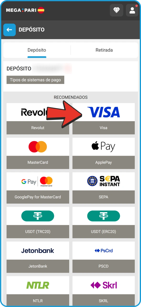 Realiza tu primer depósito después de registrarte en MegaPari.