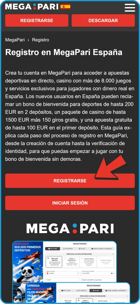 Pulsa este botón para registrarte en MegaPari.