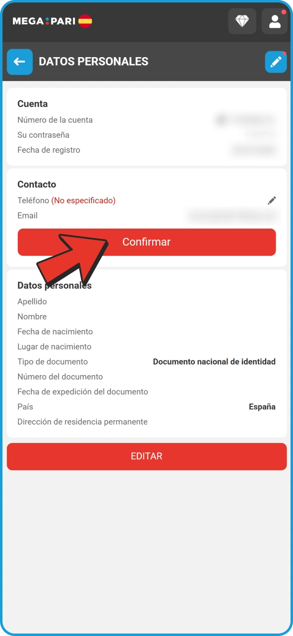 Seleccione la divisa de su cuenta en el formulario de registro de MegaPari.