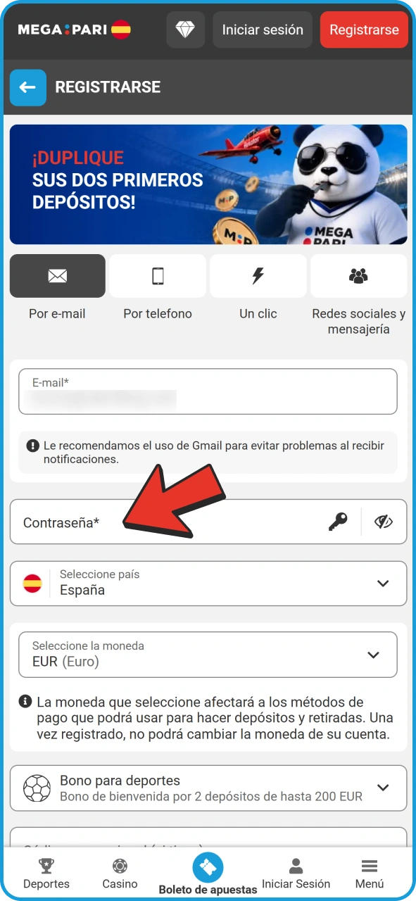 Crea una contraseña segura en el formulario de registro de MegaPari.