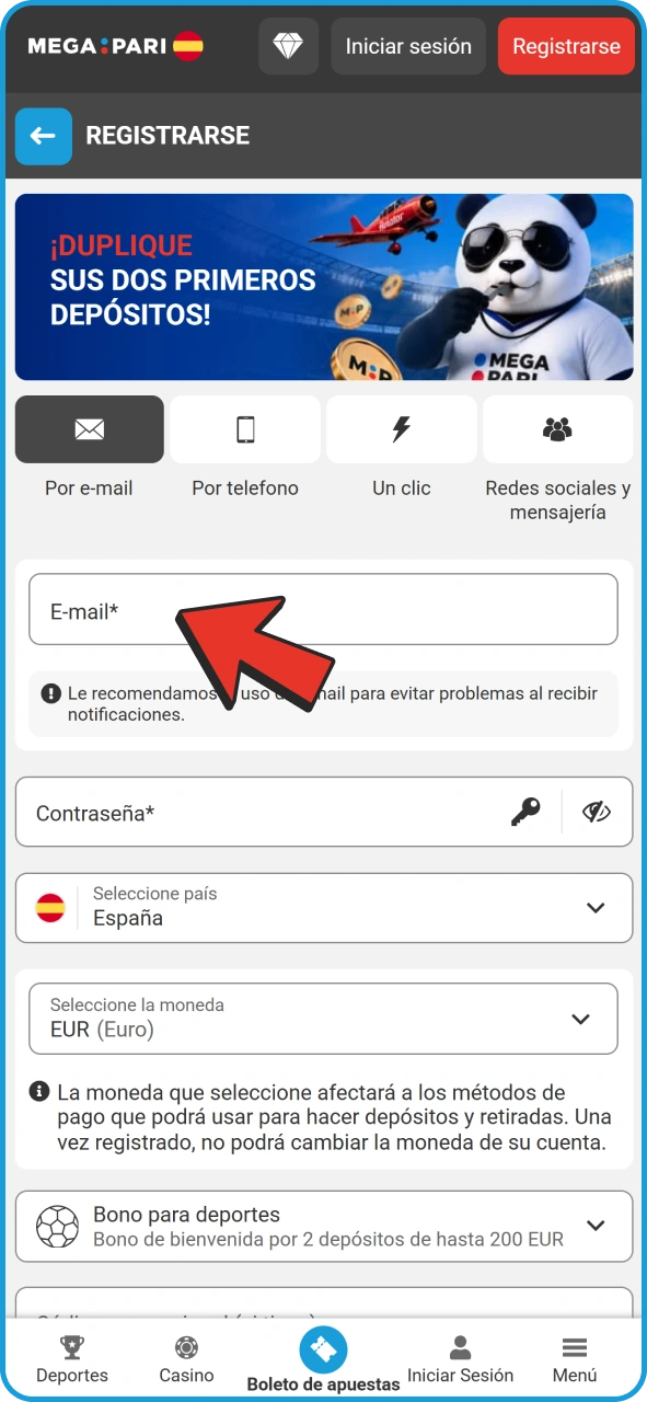 Introduce tu correo electrónico en el formulario de registro de MegaPari.