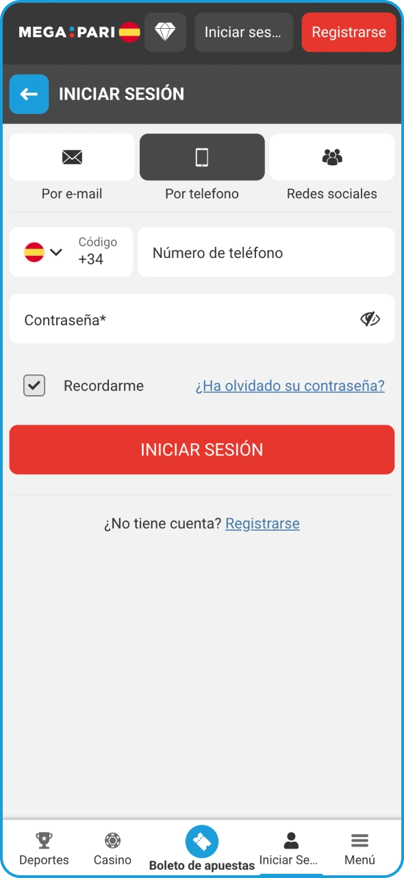 Inicia sesión en tu cuenta registrada en la plataforma Megapari.