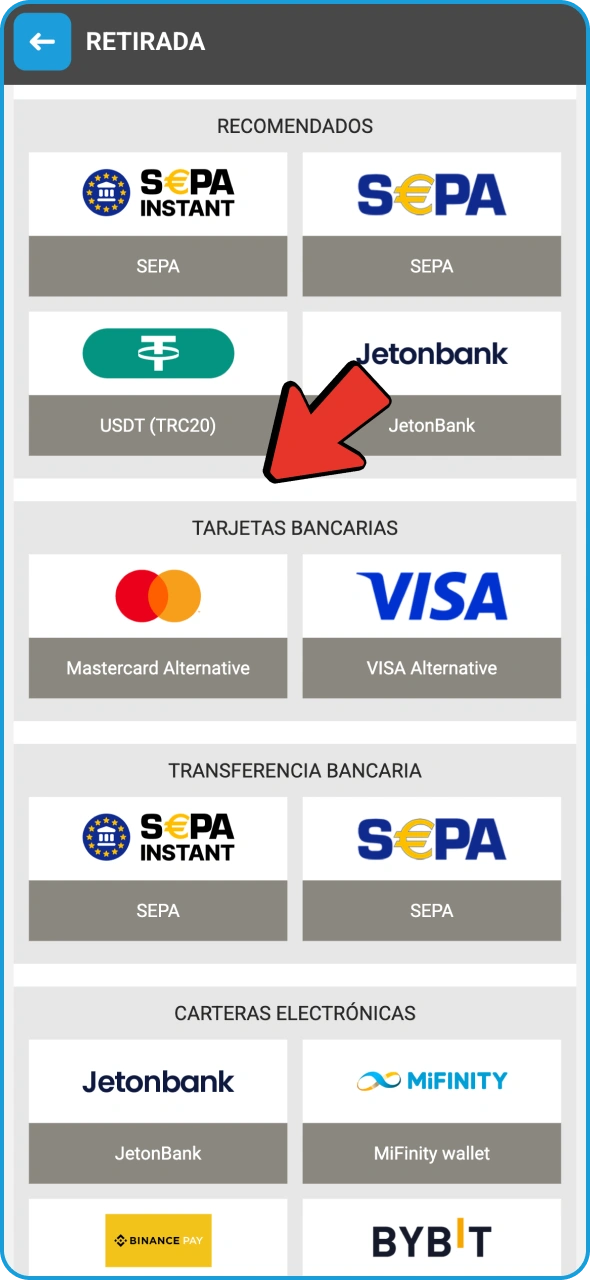 Elige el método de retiro disponible en Megapari.