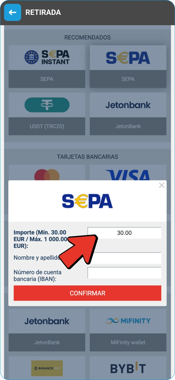 Introduce el importe que deseas retirar de Megapari y confirma tus datos.
