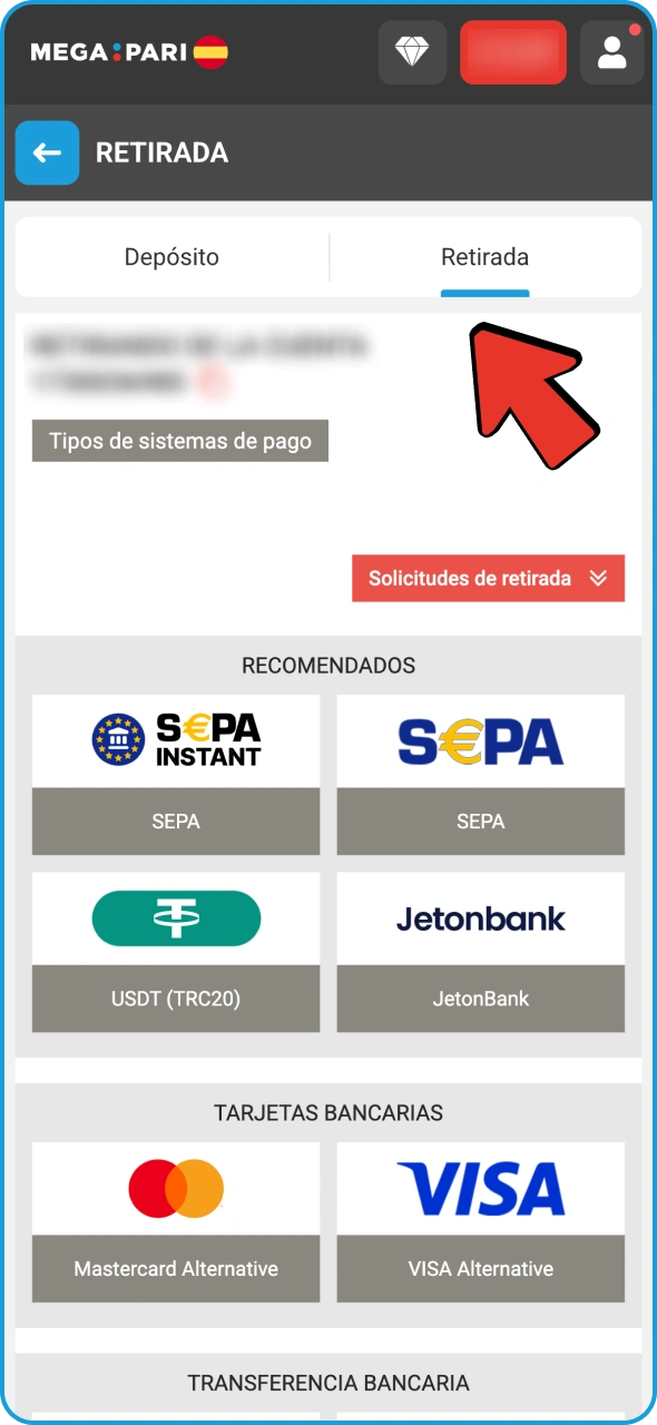 Dirígete a la sección de retiros de tu cuenta de Megapari.