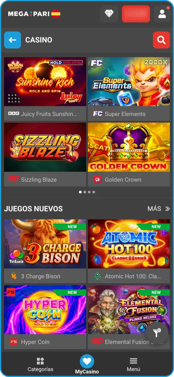 Abre la sección de tragamonedas de Megapari para elegir un juego.