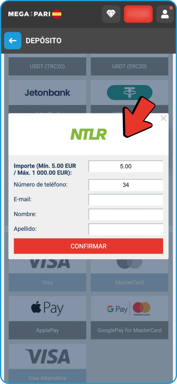 Realiza un depósito para poder realizar apuestas en las tragamonedas de Megapari.